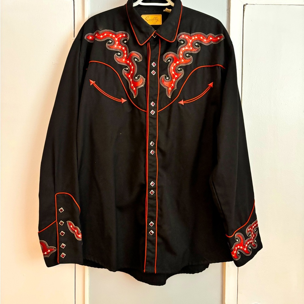 Scully XL Western Cowboy Shirt – Black Flame Embroidery on Red